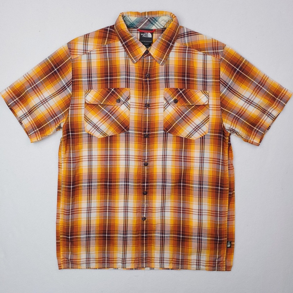 North Face Shirt Mens Small Orange Yellow Plaid Short Sleeve Button Up Outdoor